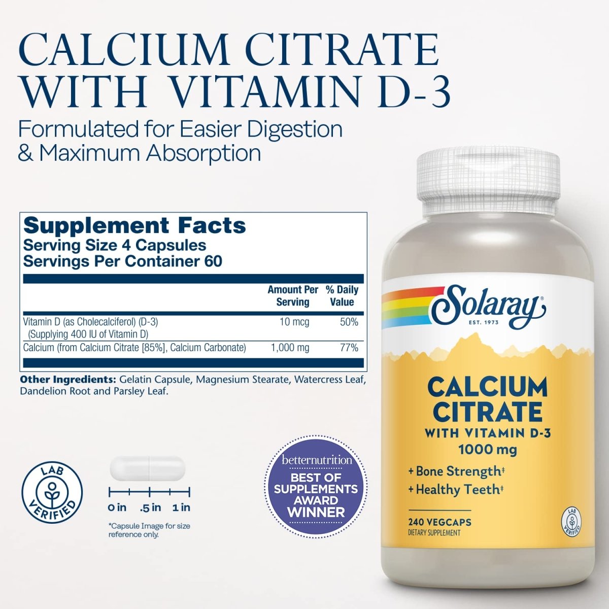 Solaray Citrate de Calcium avec Vitamine D3 1000mg, Soutien des Os et des Dents, du Cœur, des Muscles et des Nerfs, 60 portions, 240 Gélules Végétales