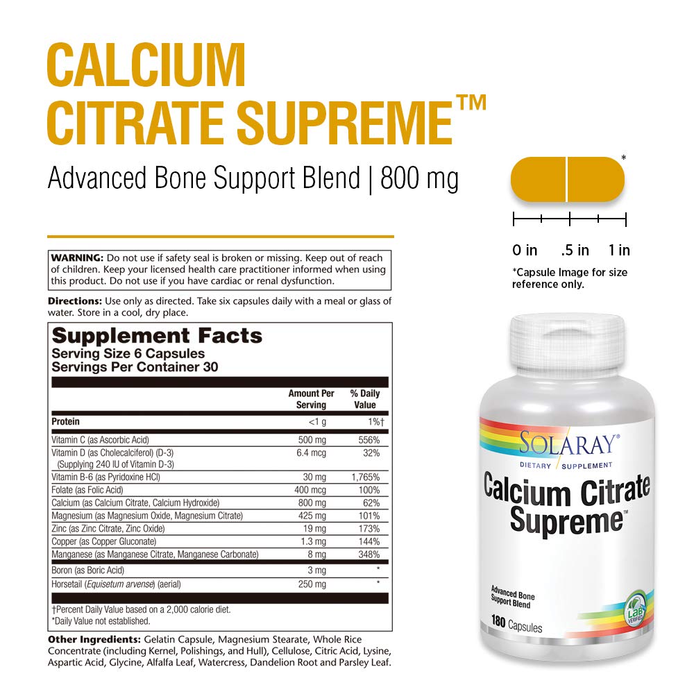 Solaray Calcium Citrate Supreme 800mg Mélange Avancé pour le Soutien Osseux 30 Portions 180 VégéCaps