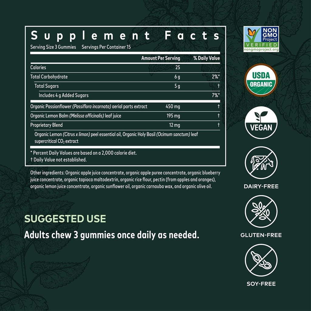 Gaia Herbs Organic Relax Gummies, Soulagement du stress, Soutien anti-stress, Basilic sacré, Mélisse, Passiflore, Certifié biologique USDA, Sans OGM, Sans gluten, Végane, 45 gommes (Paquet de 1)