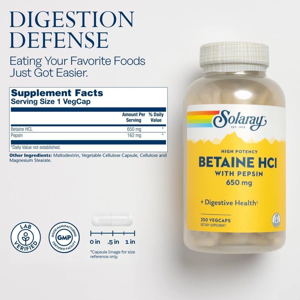 Solaray High Potency Betaine HCL with Pepsin - 250 VegCaps