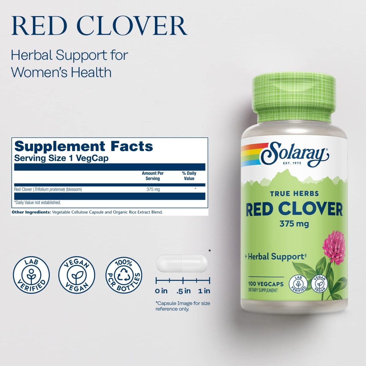 Trèfle Rouge en Fleurs Solaray, Gélule Végétalienne (Btl-Plastique) 375mg 100 gélules
