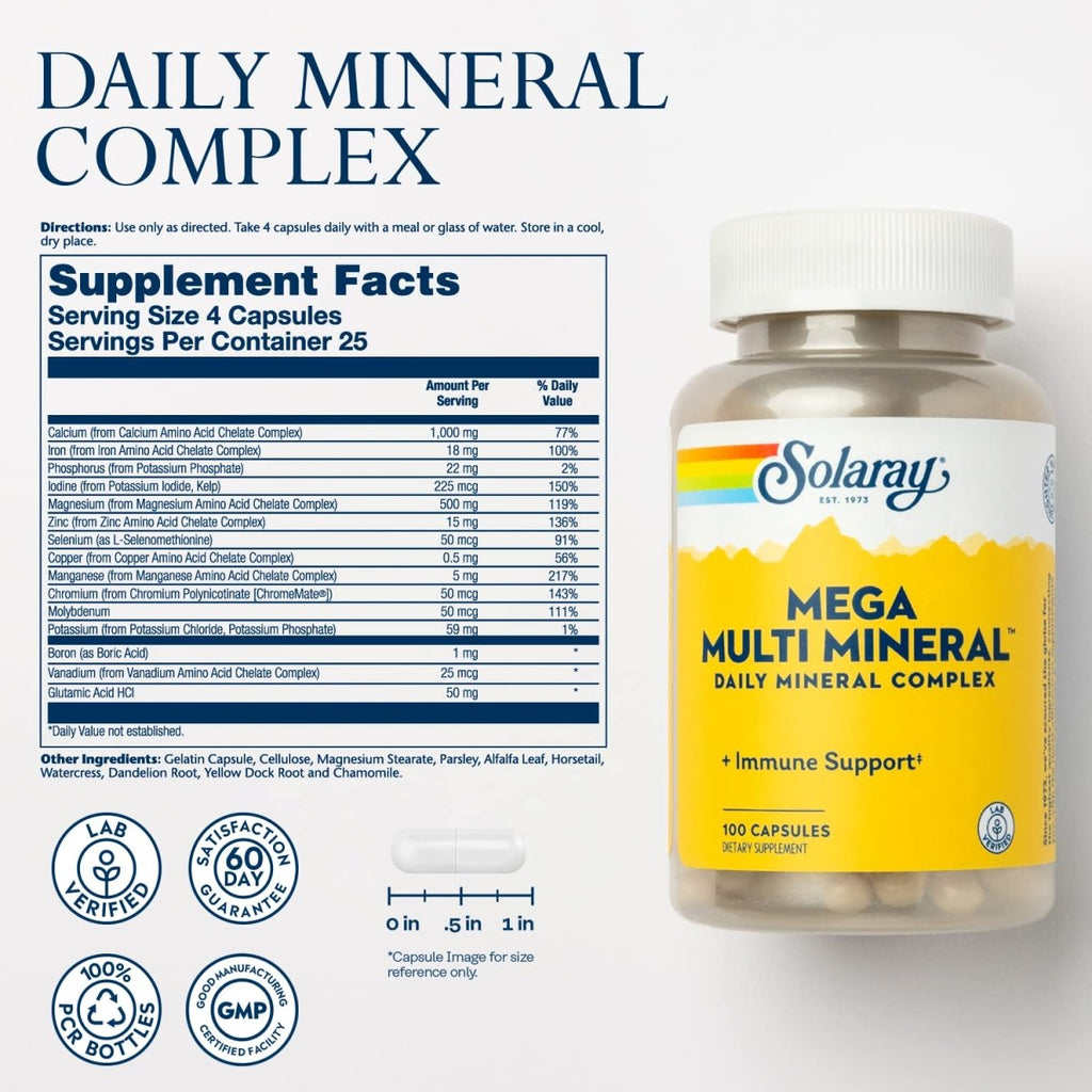 Solaray Mega Multi Mineral, 200 gélules (25 portions, 100 gélules)