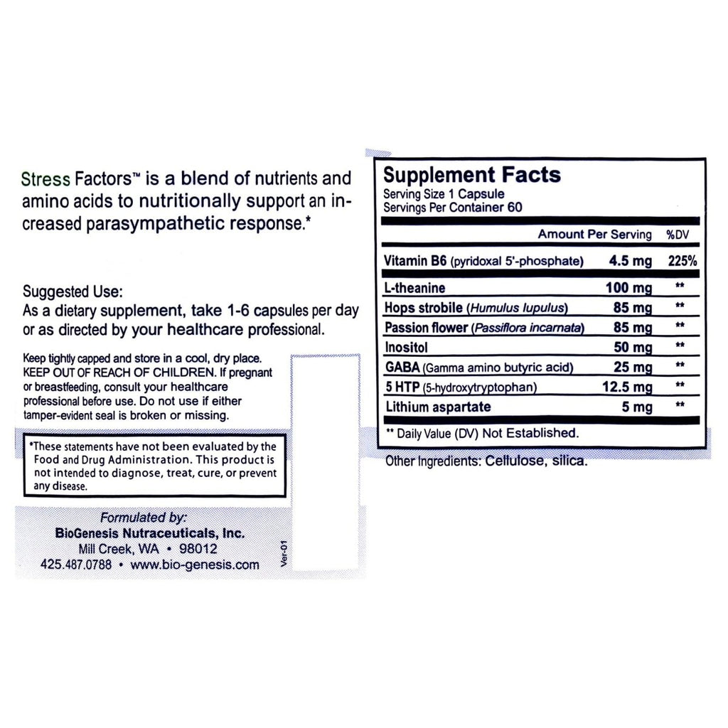 Nutra BioGenesis Stress Factors - 120 gélules - Vitamine B6, lithium et GABA pour aider à soutenir la réponse au stress et la santé mentale - 60 gélules