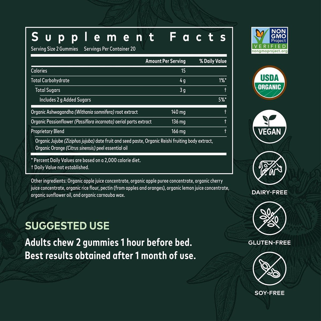 Gaia Herbs Organic Sleep Gummies, Soutien au sommeil, Ashwagandha, Champignon Reishi biologique, Passiflore, Certifié biologique USDA, Sans OGM, Sans gluten, Végane, 40 unités