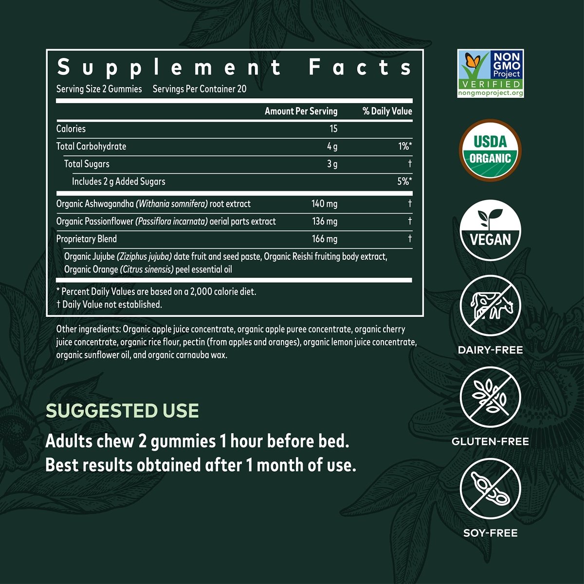 Gaia Herbs Organic Sleep Gummies, Soutien au sommeil, Ashwagandha, Champignon Reishi biologique, Passiflore, Certifié biologique USDA, Sans OGM, Sans gluten, Végane, 40 unités