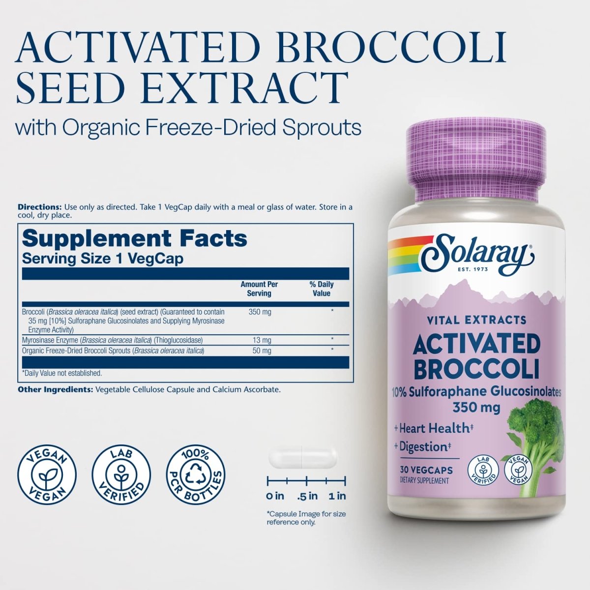 SOLARAY Extrait de graines de brocoli activées 350 mg, 10 % de glucosinolates de sulforaphane pour le soutien antioxydant, la santé cardiaque et le soutien digestif, végétalien et vérifié en laboratoire, 30 portions, 30 VegCaps