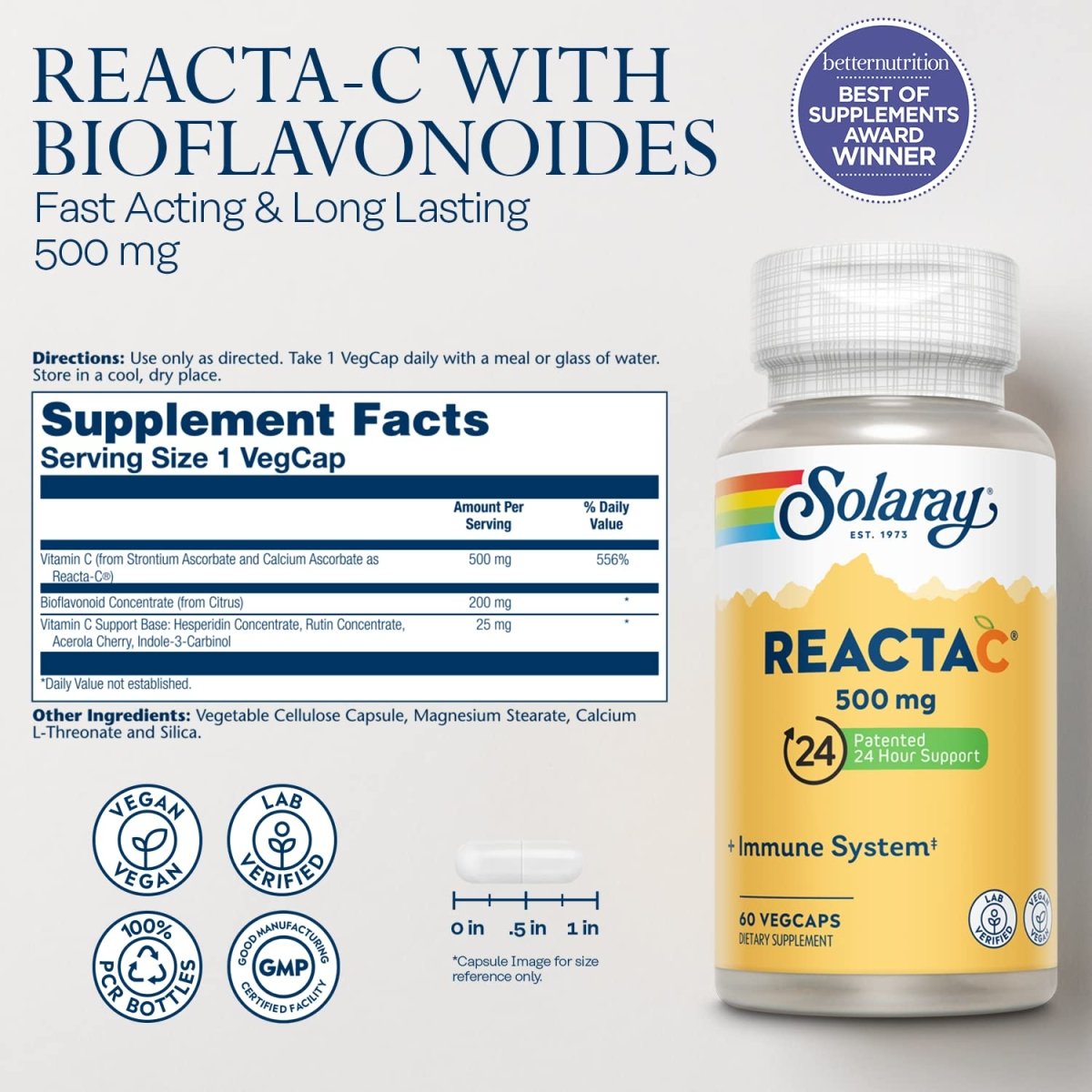 SOLARAY Reacta-C & Bioflavonoïdes - Vitamine C à Absorption Améliorée - 60 Gélules Végétales