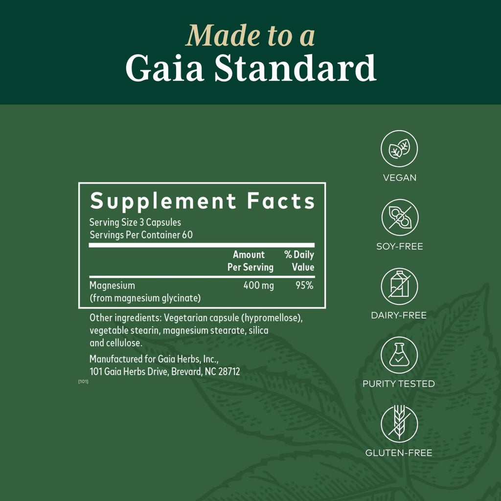 Gaia PRO Magnésium Glycinate 400 - Soutien au Sommeil et Soulagement du Stress - 180 Gélules (60 Portions)