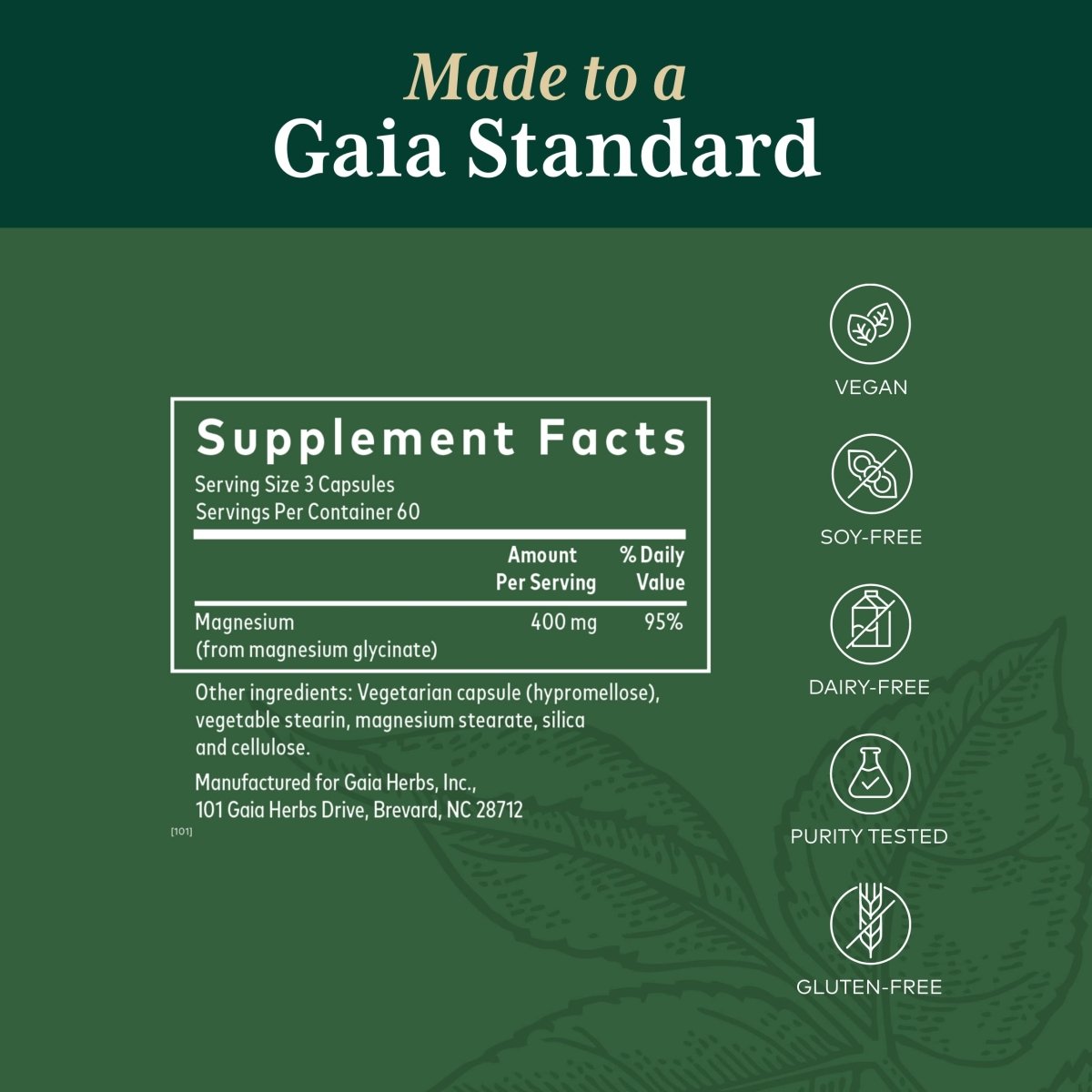 Gaia PRO Magnésium Glycinate 400 - Soutien au Sommeil et Soulagement du Stress - 180 Gélules (60 Portions)