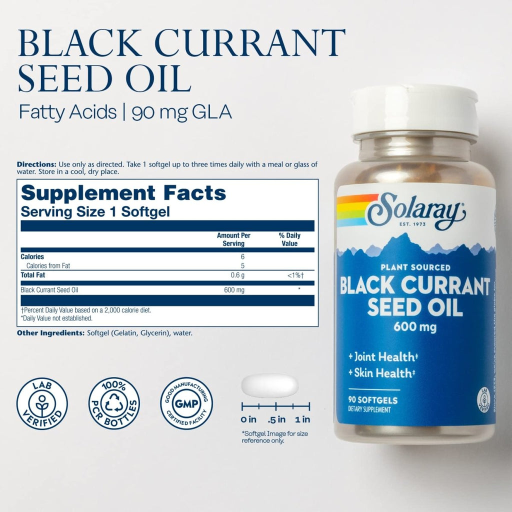 SOLARAY Huile de Pépins de Cassis 600 mg Acide Gamma-Linolénique (GLA) Soutien Santé Peau, Cheveux, Articulations, Fonction Vasculaire & Immunitaire 90 Gélules