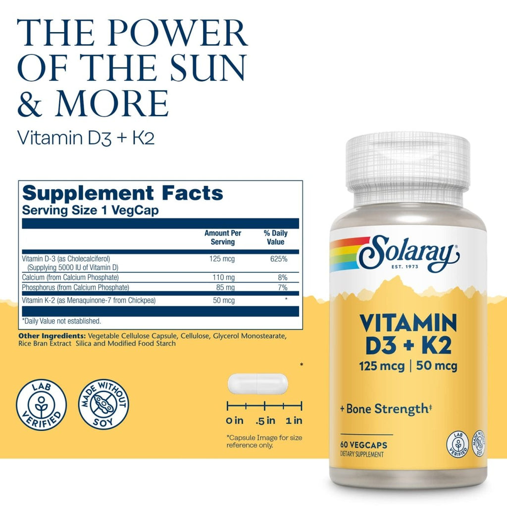 Solaray D3 5000UI avec K2 - Combinaison Vitamine D et K2 - 60 Capsules Végétariennes