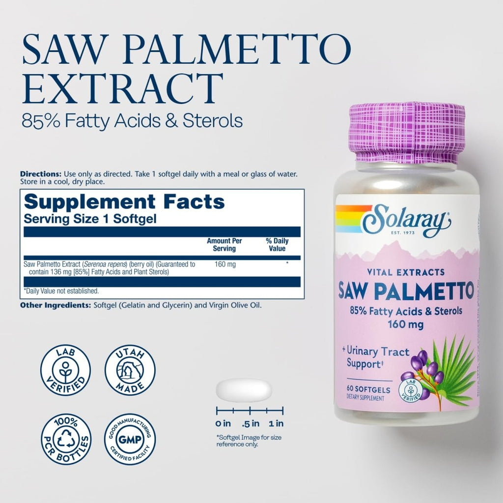 SOLARAY Extrait de Saw Palmetto - Santé de la prostate et soutien des voies urinaires - 136 mg d'acides gras et de stérols - Vérifié en laboratoire, Garantie de remboursement de 60 jours (60 portions, 60 capsules molles)