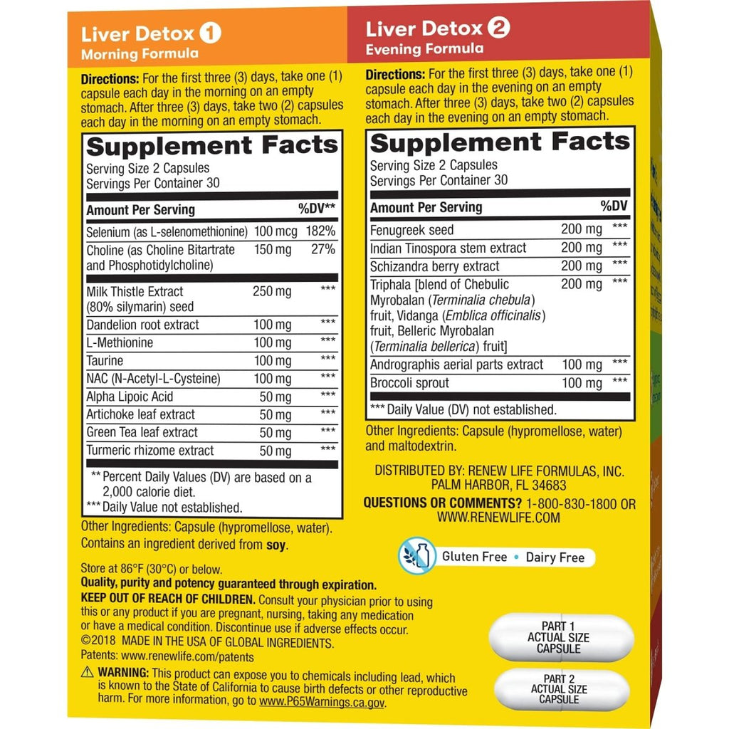 Renew Life Détox adulte – Détoxifiant du foie – Programme en 2 étapes, 30 jours – Sans gluten ni produits laitiers – 120 gélules végétariennes (l'emballage peut varier)