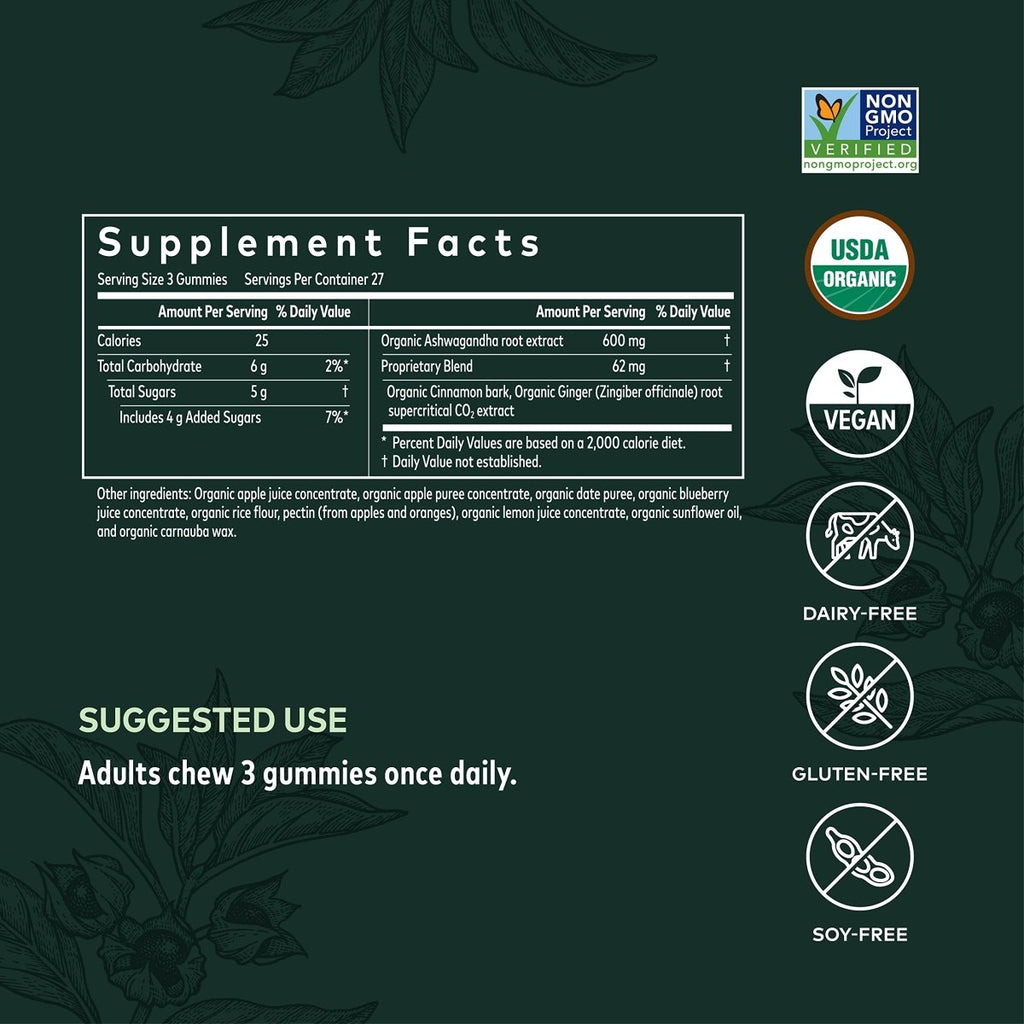 Gaia Herbs Bonbons gommeux biologiques à l'ashwagandha, soutien du stress, cannelle, gingembre, sans gluten, végétalien, 81 unités