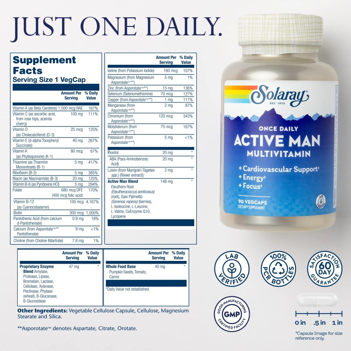 SOLARAY Once Daily Active Man Multivitamine et Minéraux, Multivitamine pour le Soutien Cardiovasculaire, Énergie et Concentration, Mélange d'Enzymes Digestives, Acides Aminés et Base Alimentaire Complète, 90 Portions, 90 Gélules Végétales