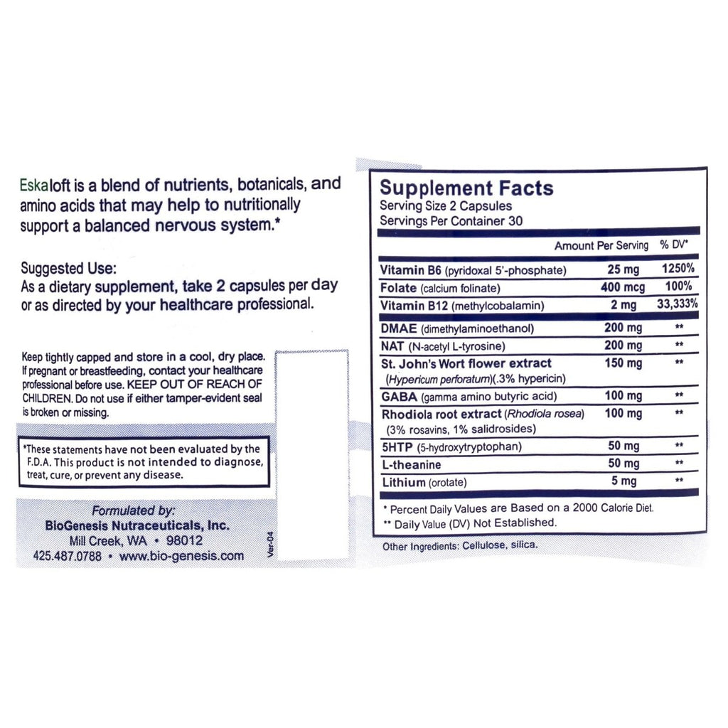 Nutra Biogenesis Eskaloft - B Vitamins - 120 Capsules -, Rhodiola and St. John's Wort to Help Support Mental Health & Stress Response