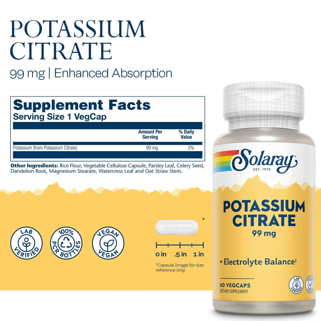 Solaray Citrate de potassium, Équilibre électrolytique sain, Soutien de la fonction nerveuse et musculaire, Végétalien, 60 gélules végétales