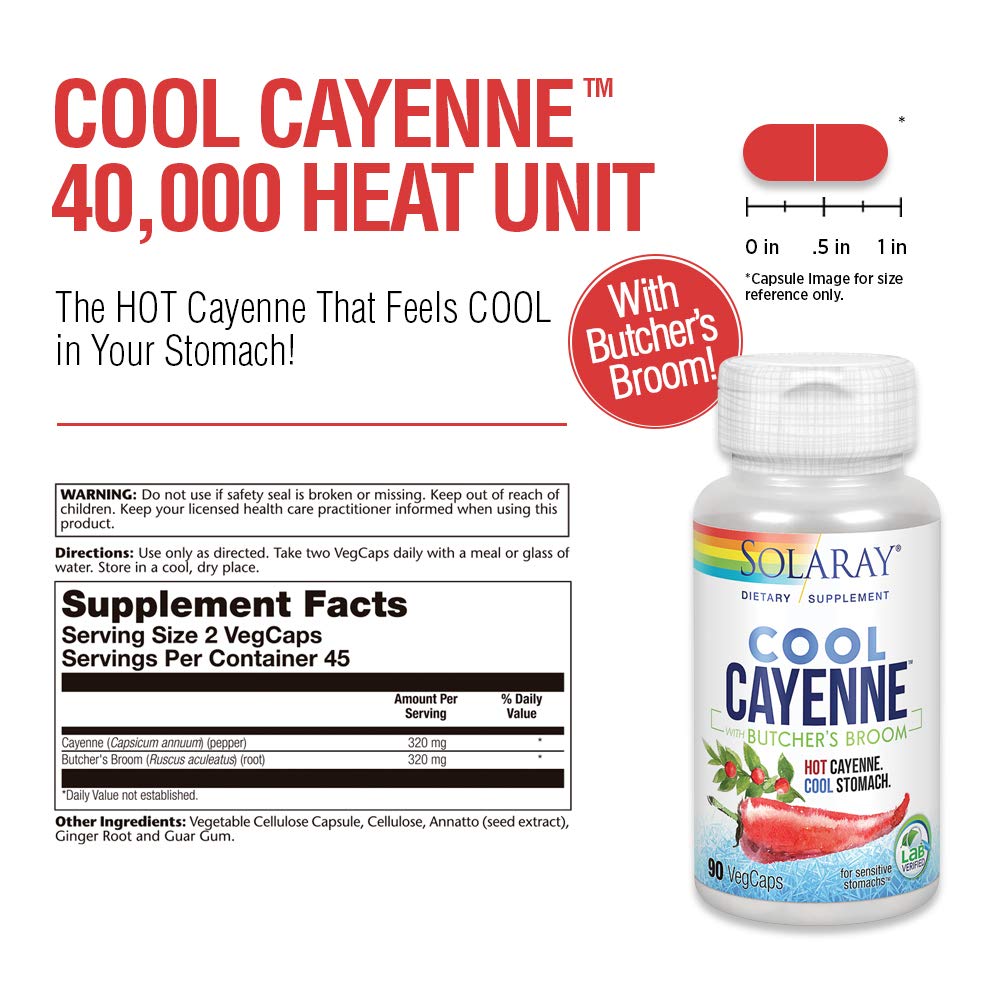 SOLARAY Poivre de Cayenne Refroidi 40 000 HU avec Fragon pour un Soutien d'une Circulation Saine 90 Végécaps