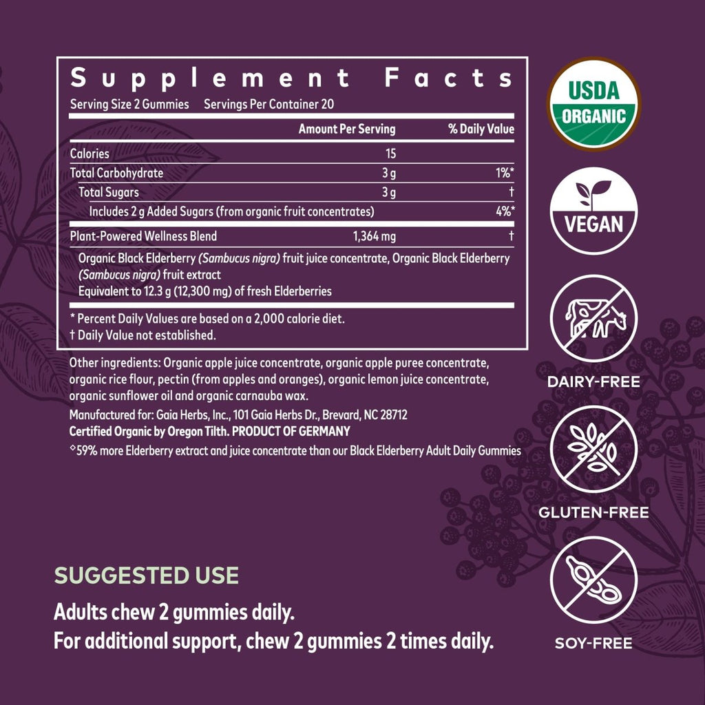 Gaia Herbs Gommes Sureau Noir Extra Fortes - Soutien Immunitaire avec Sureau Noir Certifié Biologique - 40 Gommes