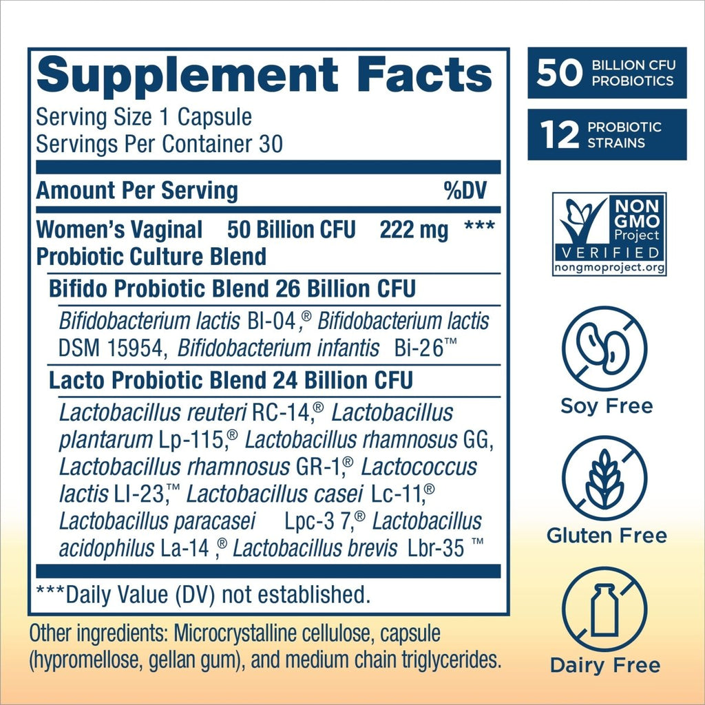 Renew Life Bien-être féminin, Probiotique Soin féminin, 4-en-1 : Soutien vaginal, urinaire, digestif et immunitaire, 50 milliards d'UFC par capsule garanti, 12 souches ; Probiotique longue conservation, 30 unités.