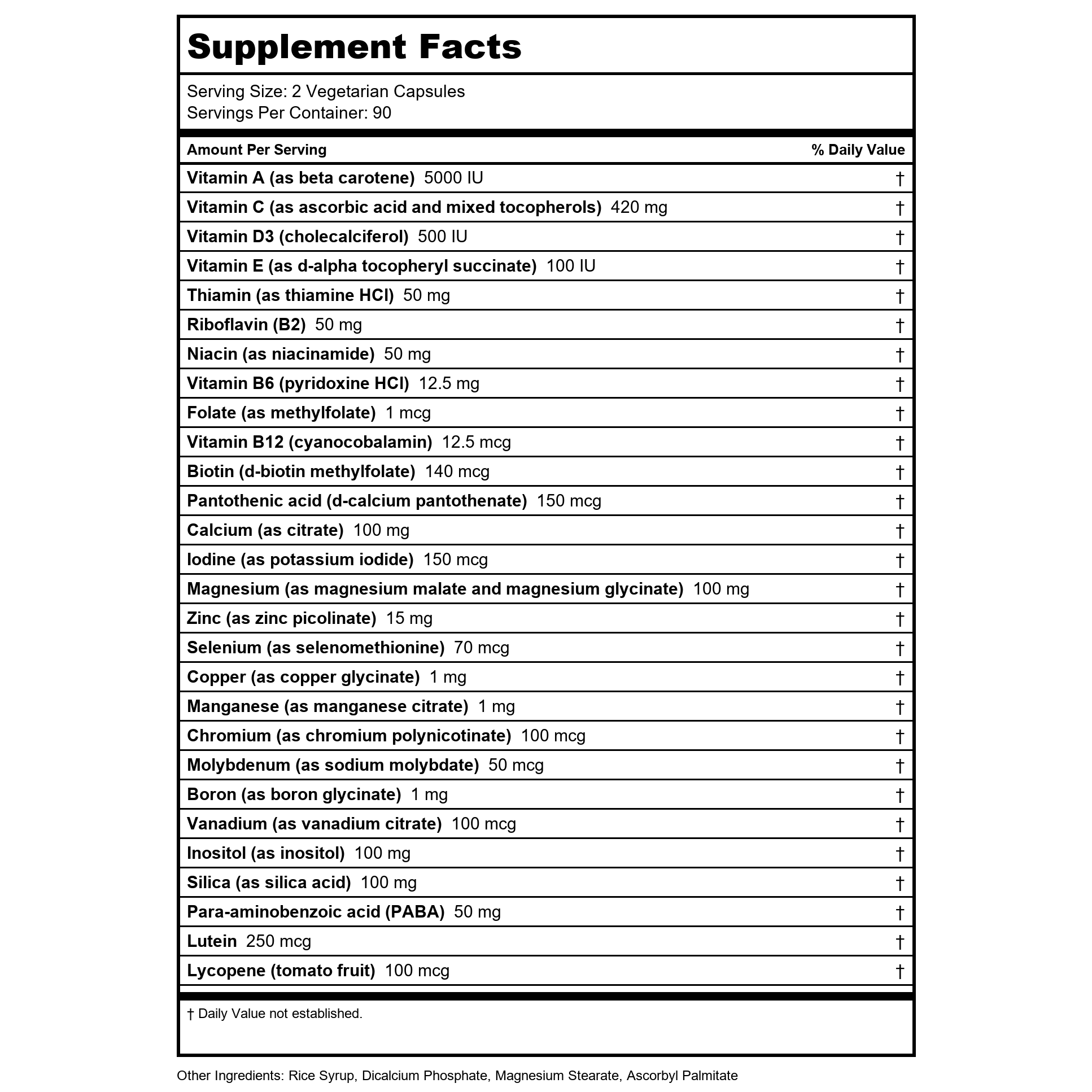 Vital Nutrients Multi-Nutriments 2 Avec Cuivre Sans Fer 180 Gélules