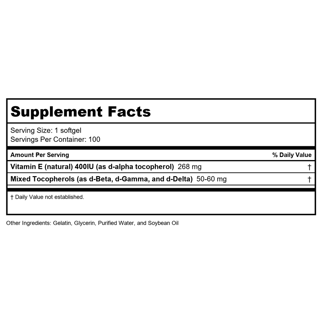Vitamine E 400 avec Tocophérols Mixtes Vital Nutrients, 100 Gélules Molles