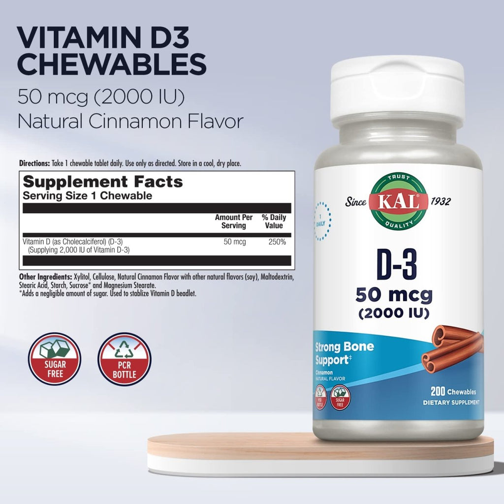 KAL Vitamin D3 Chewables 50 mcg, Vitamin D 2000 IU as Cholecalciferol, 200 Chewables