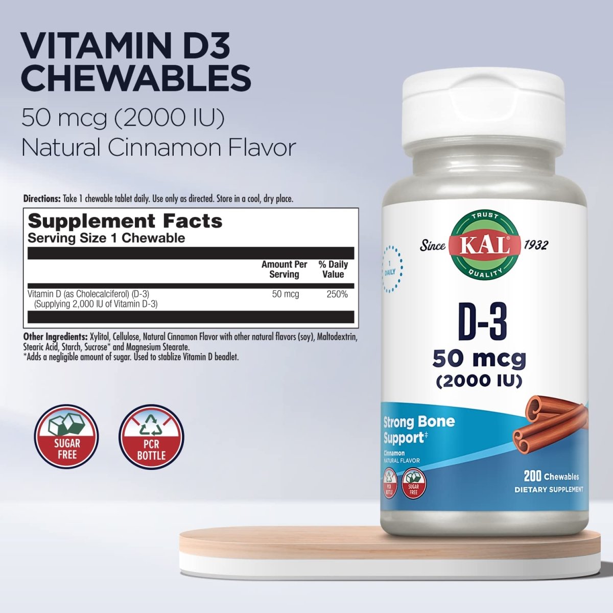 KAL Vitamin D3 Chewables 50 mcg, Vitamin D 2000 IU as Cholecalciferol, 200 Chewables