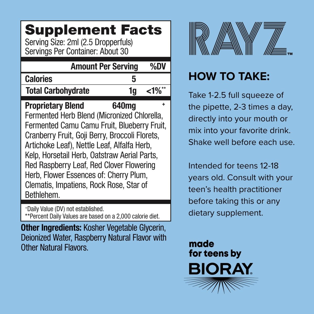 BIORAY RAYZ Éclat du corps, saveur framboise - 59 ml - Source pratique de vitamines et minéraux pour les adolescents de 12 à 18 ans