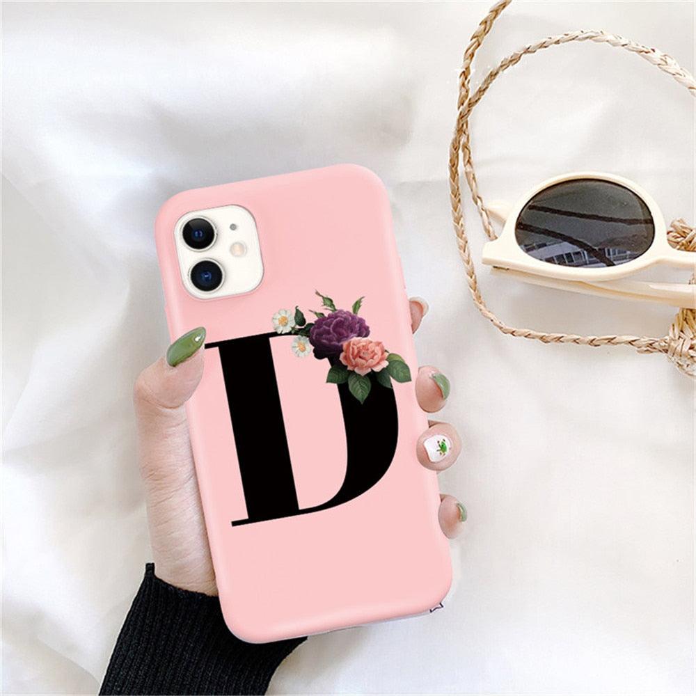 Coque de téléphone en silicone avec initiale pour iPhone 12 Pro Max, motif fleur rétro rose, coque arrière souple compatible avec les coques d'iPhone, coque arrière en silicone rose doux et mignon pour iPhone