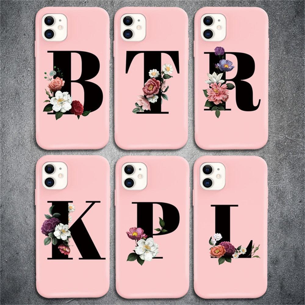 Coque de téléphone en silicone avec initiale pour iPhone 12 Pro Max, motif fleur rétro rose, coque arrière souple compatible avec les coques d'iPhone, coque arrière en silicone rose doux et mignon pour iPhone