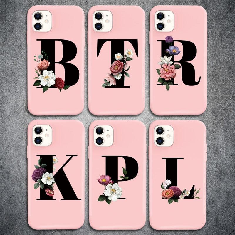 Coque de téléphone en silicone avec initiale pour iPhone 12 Pro Max, motif fleur rétro rose, coque arrière souple compatible avec les coques d'iPhone, coque arrière en silicone rose doux et mignon pour iPhone