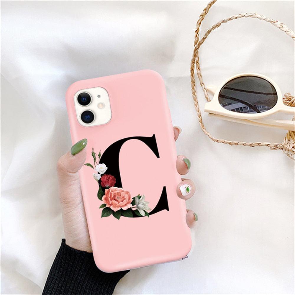 Coque de téléphone en silicone avec initiale pour iPhone 12 Pro Max, motif fleur rétro rose, coque arrière souple compatible avec les coques d'iPhone, coque arrière en silicone rose doux et mignon pour iPhone
