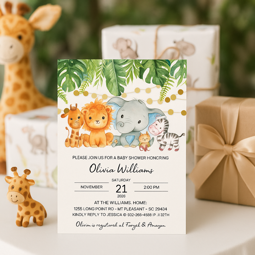 Invitation de baby shower safari – Modèle Canva modifiable