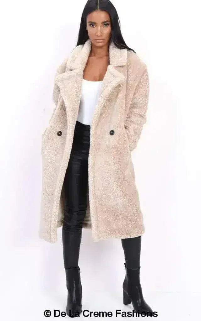 Manteau long Jackie style Teddy en imitation peau de mouton, coupe droite à double boutonnage