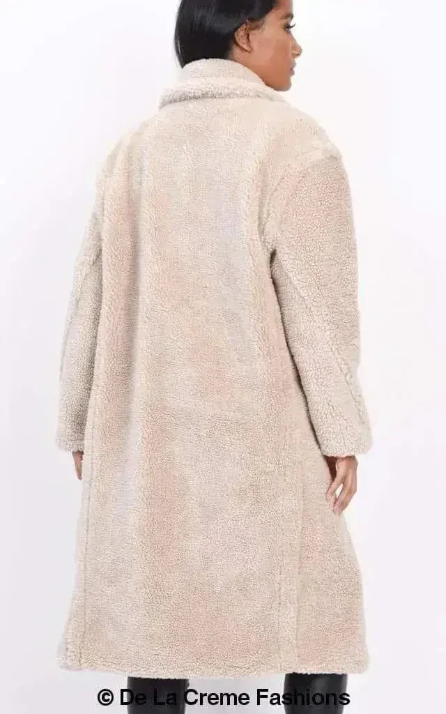Manteau long Jackie style Teddy en imitation peau de mouton, coupe droite à double boutonnage