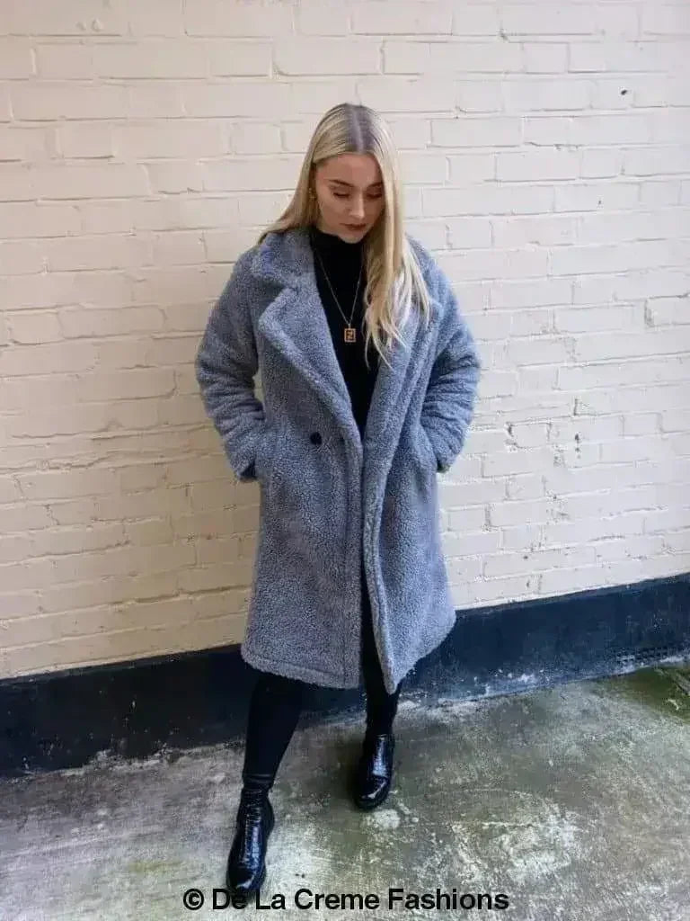 Manteau long Jackie style Teddy en imitation peau de mouton, coupe droite à double boutonnage