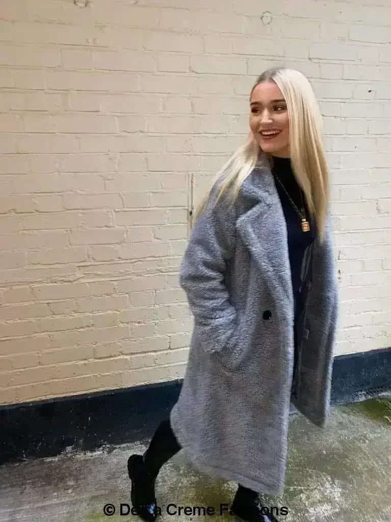 Manteau long Jackie style Teddy en imitation peau de mouton, coupe droite à double boutonnage