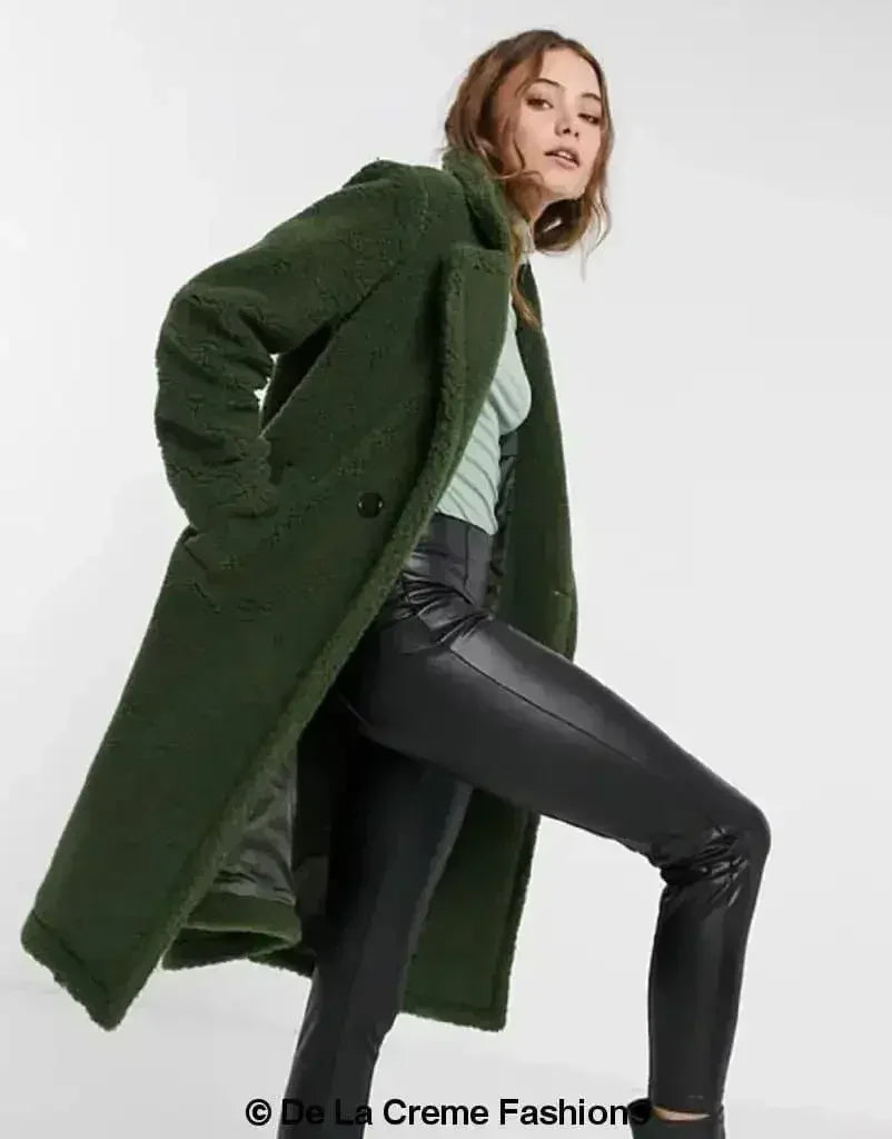 Manteau long Jackie style Teddy en imitation peau de mouton, coupe droite à double boutonnage