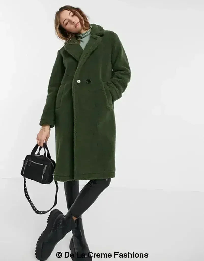 Manteau long Jackie style Teddy en imitation peau de mouton, coupe droite à double boutonnage