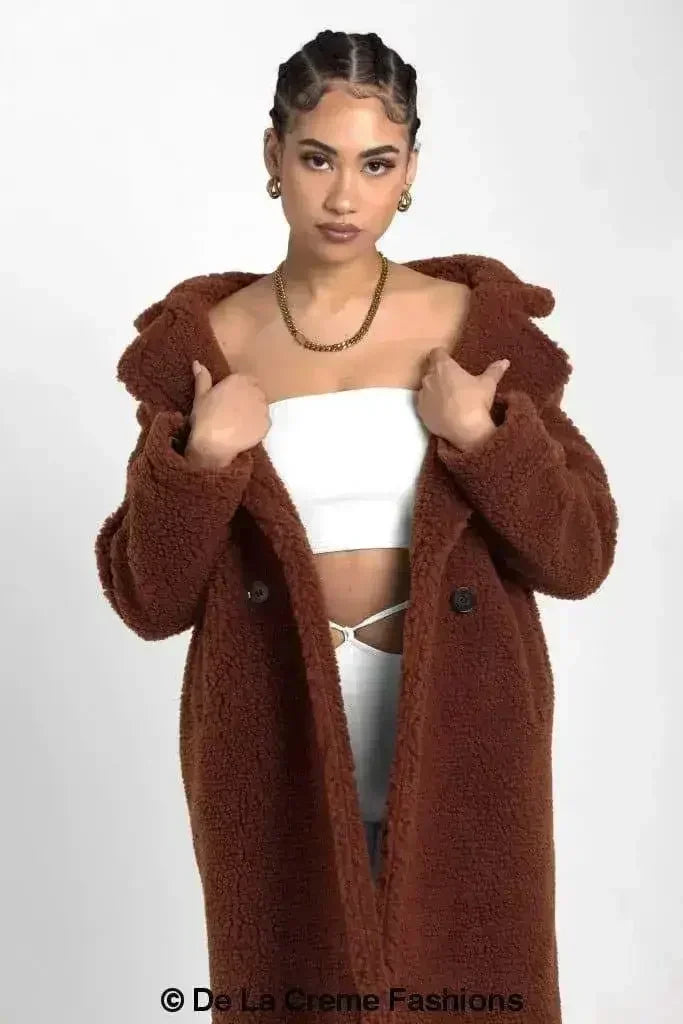 Manteau long Jackie style Teddy en imitation peau de mouton, coupe droite à double boutonnage