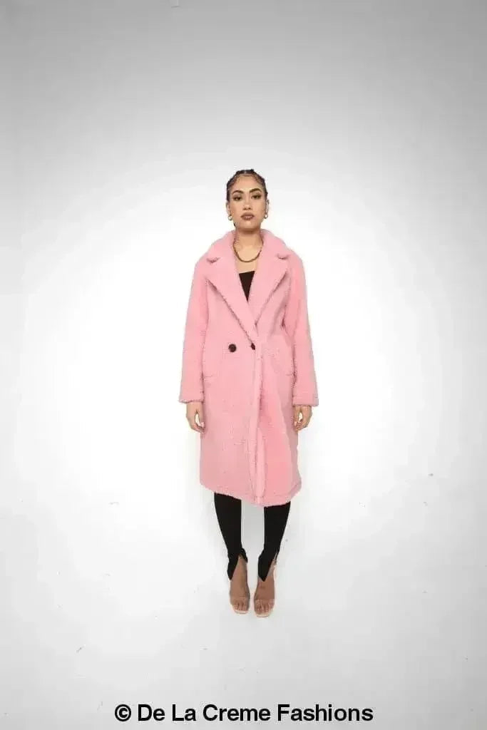 Manteau long Jackie style Teddy en imitation peau de mouton, coupe droite à double boutonnage