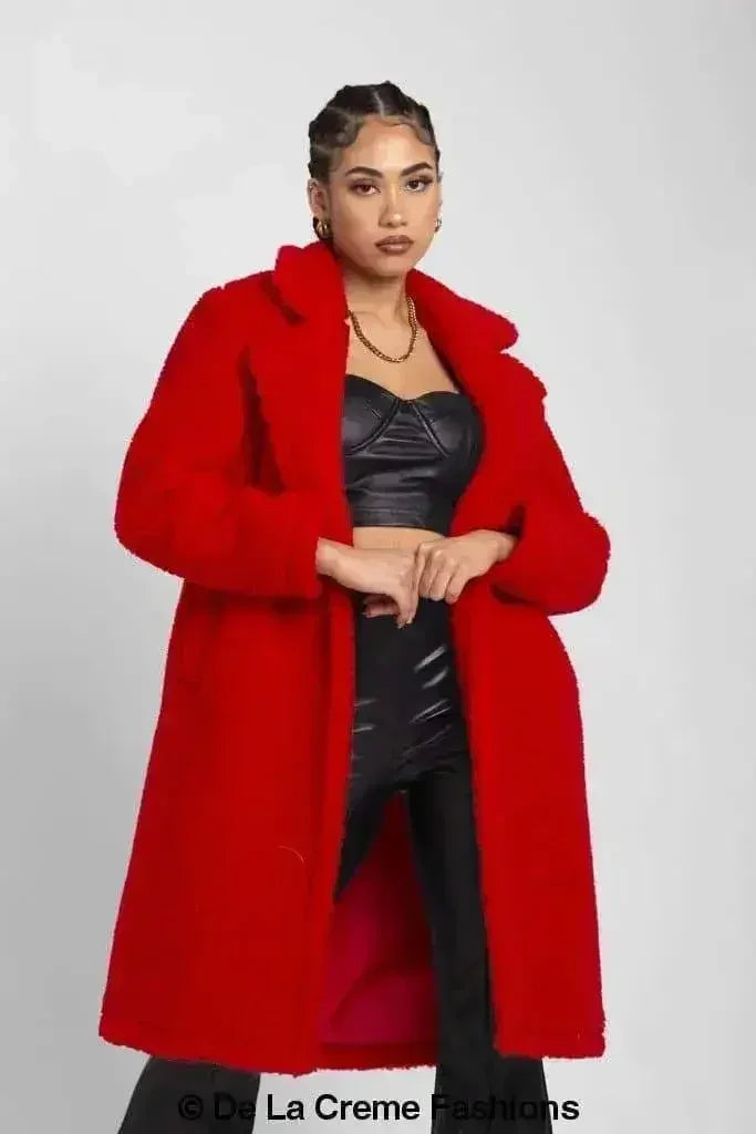 Manteau long Jackie style Teddy en imitation peau de mouton, coupe droite à double boutonnage