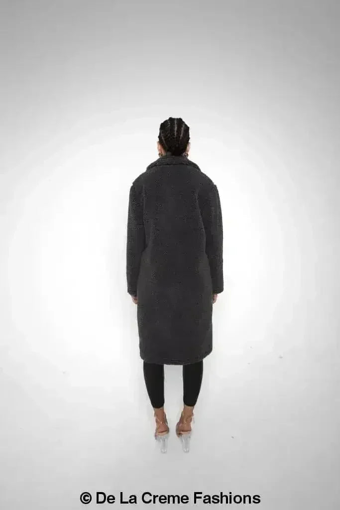 Manteau long Jackie style Teddy en imitation peau de mouton, coupe droite à double boutonnage