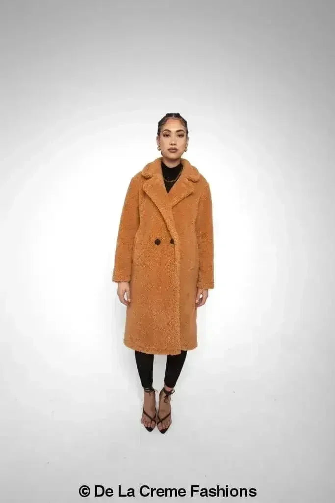 Manteau long Jackie style Teddy en imitation peau de mouton, coupe droite à double boutonnage