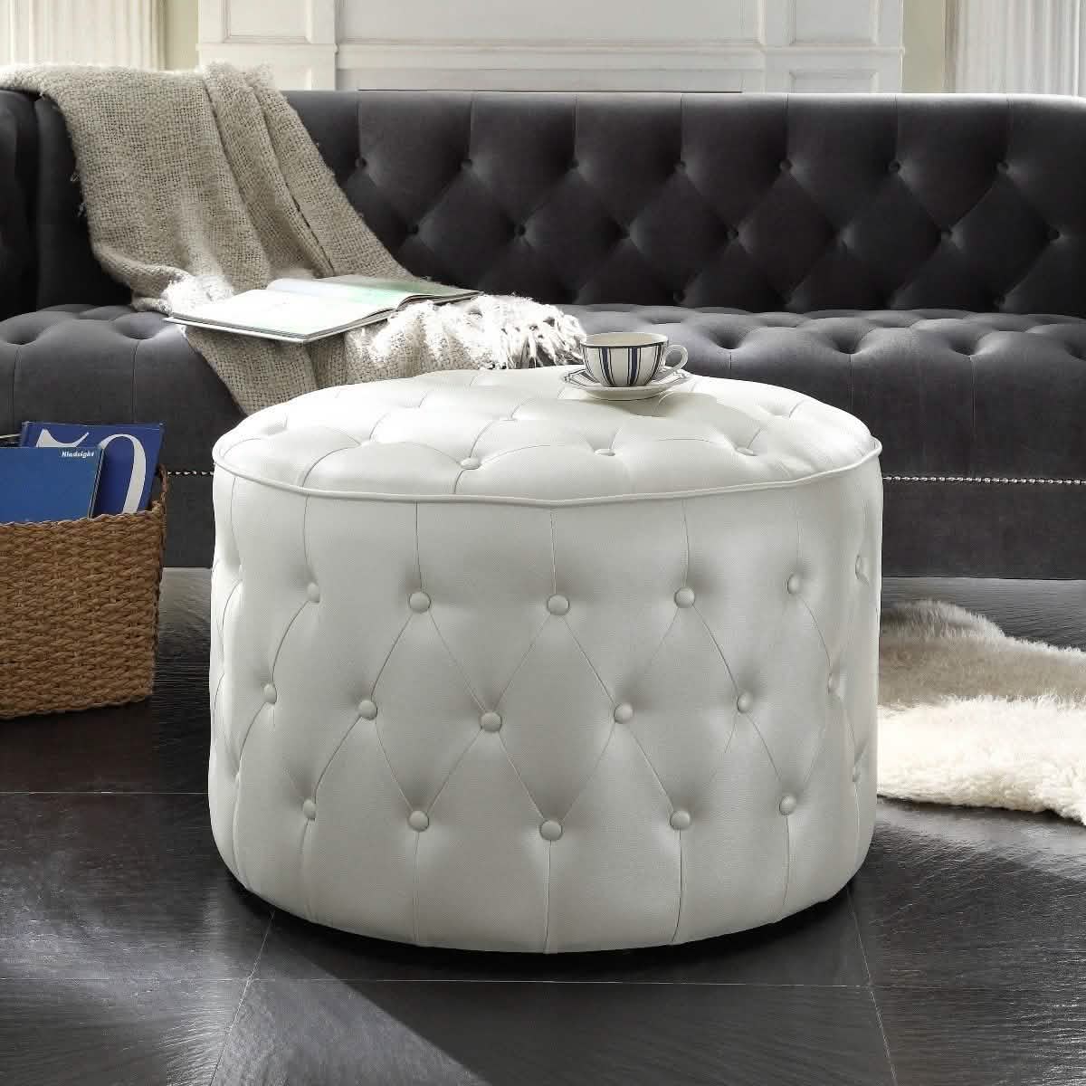 Jimmy Ottoman Pouf rond rembourré en cuir PU capitonné