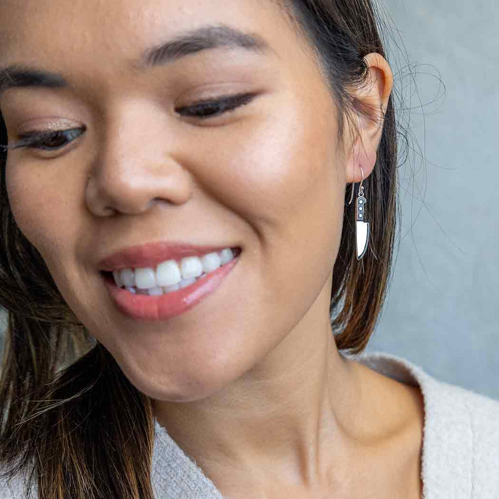 Boucles d'oreilles pendantes en argent sterling couteau de cuisine – Bijoux fantaisie faits main audacieux
