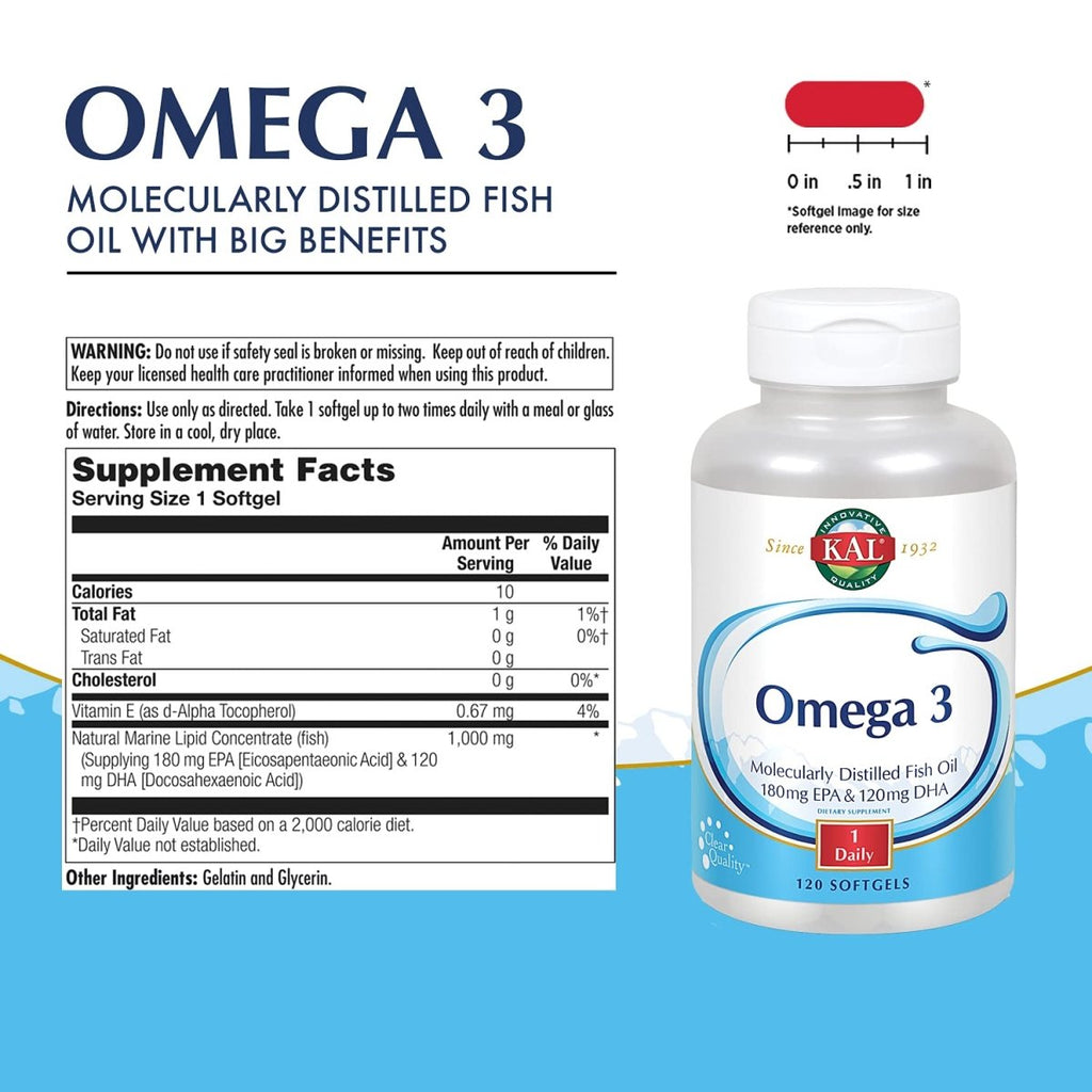 KAL Omega 3 180mg EPA, 120mg DHA (60 CT, 120 Serv)