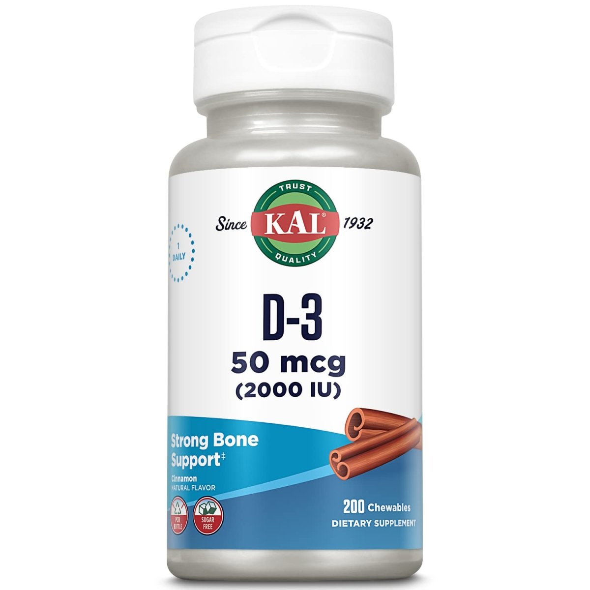KAL Vitamin D3 Chewables 50 mcg, Vitamin D 2000 IU as Cholecalciferol, 200 Chewables