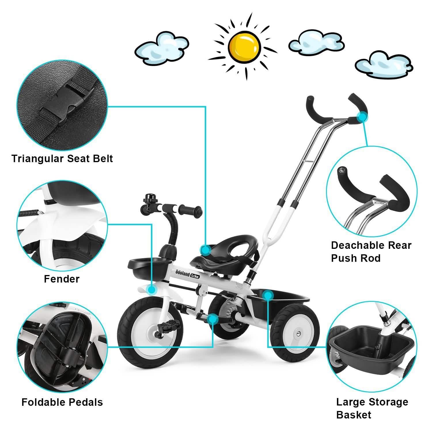 Tricycle enfant poussette avec poignée de poussée rétractable
